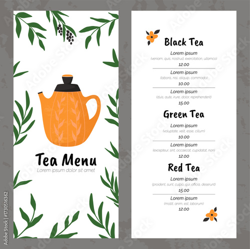 Tea menu. Restaurant bar brochure. Botanical design. Ceramic teapots. Plant leaves. Hot beverages list with prices. Ceylon or herbal taste. Vector cafe drinks assortment booklet template