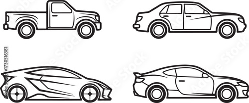 Line Art Collection of Diverse Automotive Vehicles