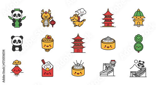 Collection of Chinese Culture Icons Panda Dragon Pagoda Great Wall Dumplings.