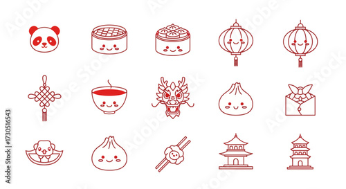 Set of cute Chinese cultural icons in red line art style featuring a panda dragon lanterns and food.