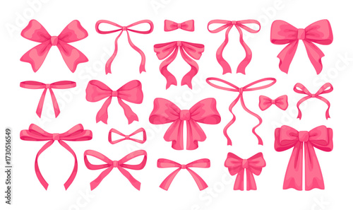 Pink ribbon. Cute gift bow, girl heart bow tie or vintage girly bowknot. Holiday card, birthday accessories. Isolated decorative packaging and hair knot, wrapping silk vector illustration