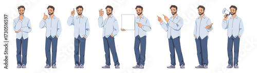 Business man. Casual young male businessman. Happy standing or pointing in shirt, jeans clothes. Face emotion expressions or gestures. Employee showing placard. Vector cartoon poses set