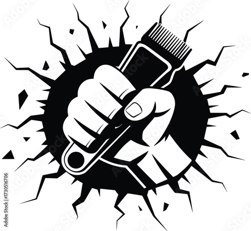 Barber Clipper Fist Illustration, Bold Black and White Power Symbol Design.