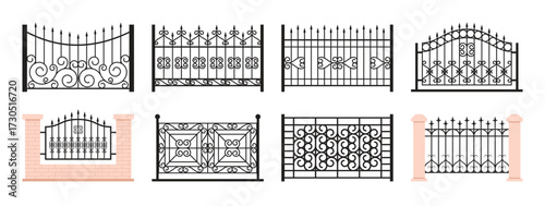 Balcony railing. Fence facade. Terrace enclosure. Antique banister decoration or vintage parapet balustrade. House architect. Forged fencing section. Vector barrier constructions set