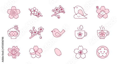 A cute collection of pink and red line art icons featuring kawaii cherry blossoms birds and spring elements.