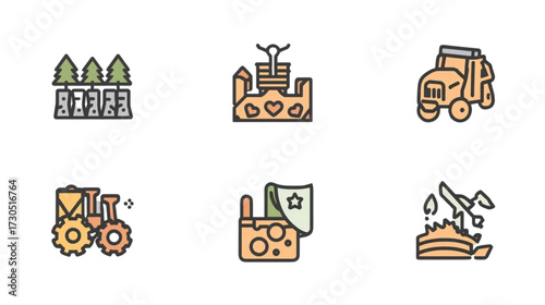 Farm Icons: A collection of six unique, flat vector icons depicting various agricultural elements, perfect for illustrating farming concepts and themes. 