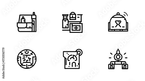 Minimalist Icons: A collection of simple line drawings showcases everyday objects such as a bag, a container, tea pot and etc. Clean, clear, and versatile for various design projects.