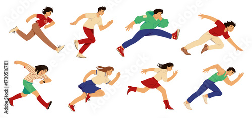 People run. Rush woman. Fast man or speed guy in business challenge. Runners hurry to aim. Running to goal. Nervous person late. Speed sprint marathon position. Vector cartoon poses set