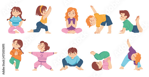 Yoga child. Kid exercise pose. Active sport for children. or Healthy training. Boy meditating. Calm and balance. Little yogis. Girl stretching. Health and wellness. Vector asanas set