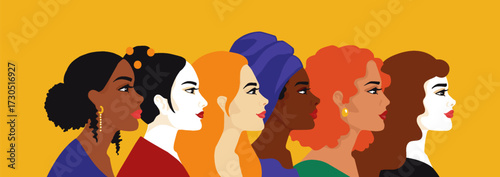 Women skin. Woman racism or equality. Female silhouette with American, African black race. Feminism solidarity. Multiethnic community. Racial discrimination. Vector profile portrait
