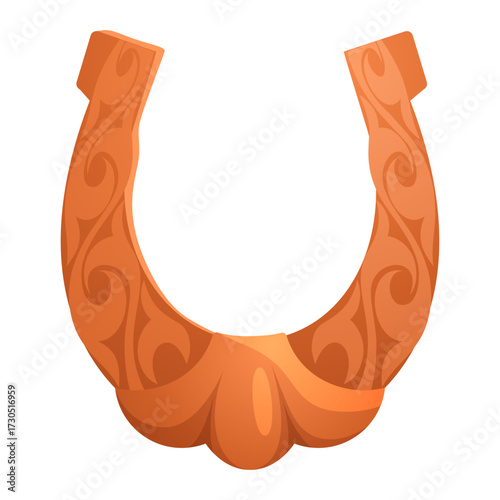 Wooden horseshoe with ornament. Ornamental decorations. Good luck symbol isolated gild horse shoe with traditional wood. Fortune amulet. Cowboy and rodeo emblem. Vector retro element