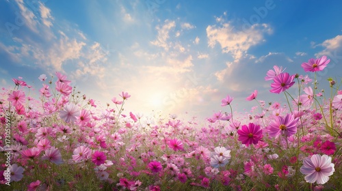 秋の陽光を浴びて輝く、満開のコスモス畑