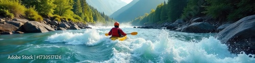 A lone kayak navigates a churning river, whitewater splashing wildly around it The dramatic landscape showcases the thrill of extreme kayaking , mountains, scenic, intense