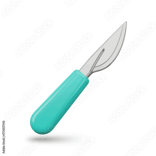 A medical scalpel with a turquoise handle and a sharp, curved blade, isolated on a white background with a soft shadow.