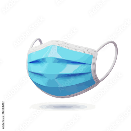 A single blue disposable surgical mask with white ear loops, isolated on a white background.