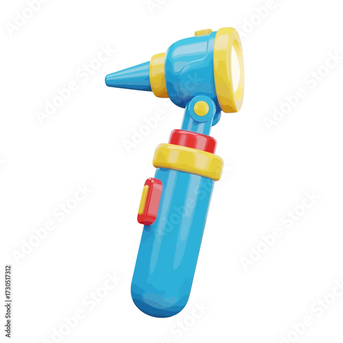 A detailed 3D rendering of a blue and yellow otoscope, a medical instrument.