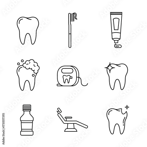 Line art icons depicting various dental care items and procedures, including teeth, toothbrush, toothpaste, floss, mouthwash, and a dental chair.