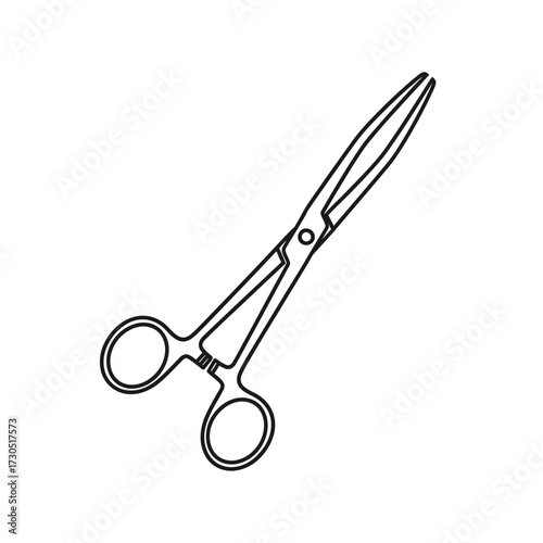 A black and white line art illustration of surgical scissors, also known as forceps or a hemostat, isolated on a white background.