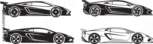 Dynamic Sports Car Illustrations Collection in Outline and Solid Designs