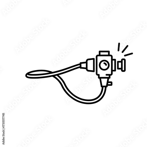 Medical endoscope illustration, depicting a flexible tube with a camera and light source for internal examinations.