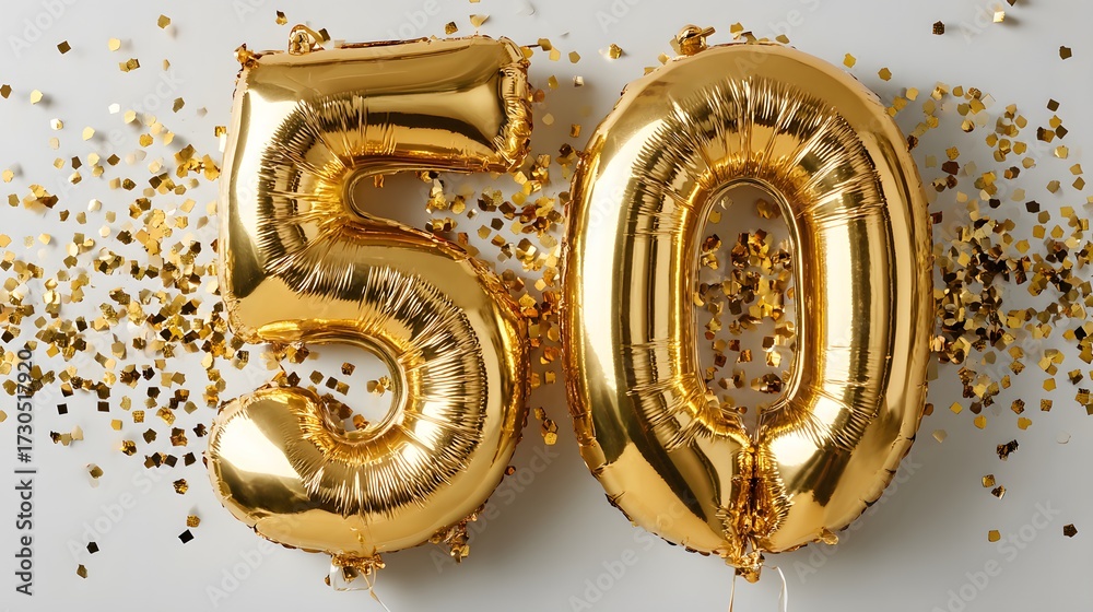 Obraz premium Large, shiny gold foil balloons forming number 50, floating in front of clean white background with golden confetti, perfect for celebrations.