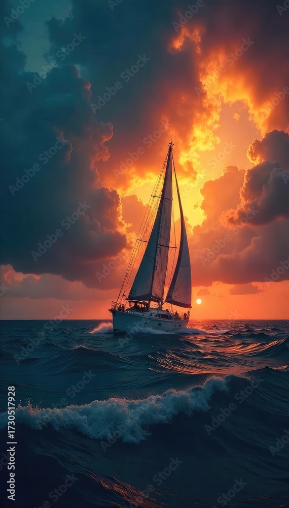 Fototapeta premium A lone sailboat navigates stormy seas, a beacon of hope visible on the horizon, symbolizing rescue and salvation from adversity , bright, peril, peace