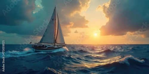 A lone sailboat navigates stormy seas, its sails full, heading towards a calm horizon, representing hope and deliverance from adversity , strength, ocean, rescue