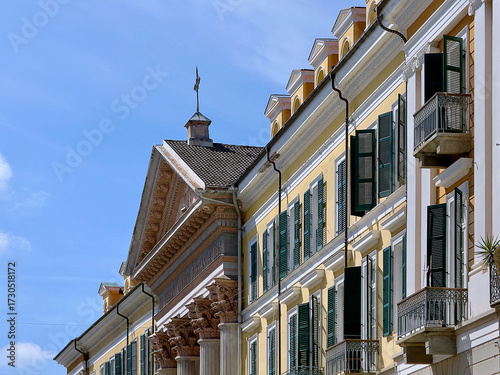 historical colorful buildings in city center of cuneo italy