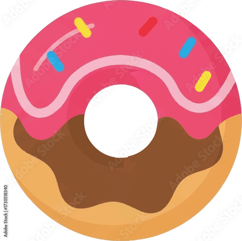 Delicious chocolate and strawberry donut with colorful sprinkles sweet pastry treat