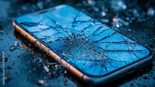 A broken smartphone on a reflective surface reveals intricate cracks and water splashes, highlighting its fragility