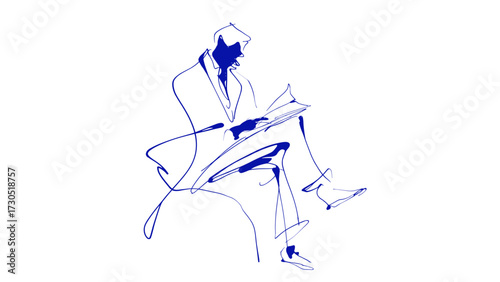 A man engrossed in reading a book, sitting in a minimalist style against a transparent background