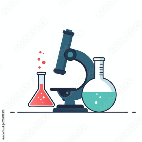 Illustration of Microscope and Beakers for Scientific Research.