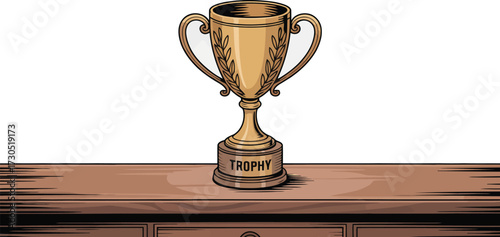 Golden trophy on a wooden surface representing success achievement and victory isolated on white background