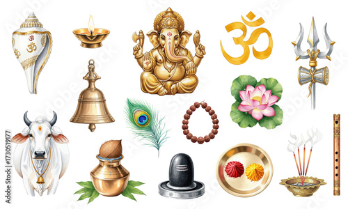 Hindu Religious Deities and Puja Items Clipart Set