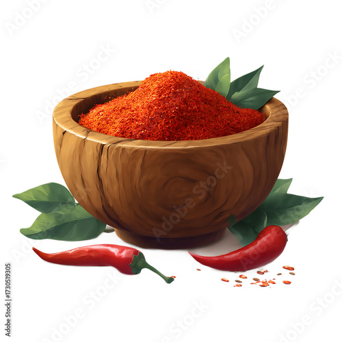 A wooden bowl filled with red chili powder with peppers and leaves near isolated on transparent background
