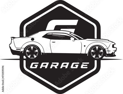 Stylized Sports Coupe Vehicle in Hexagonal Automotive Emblem