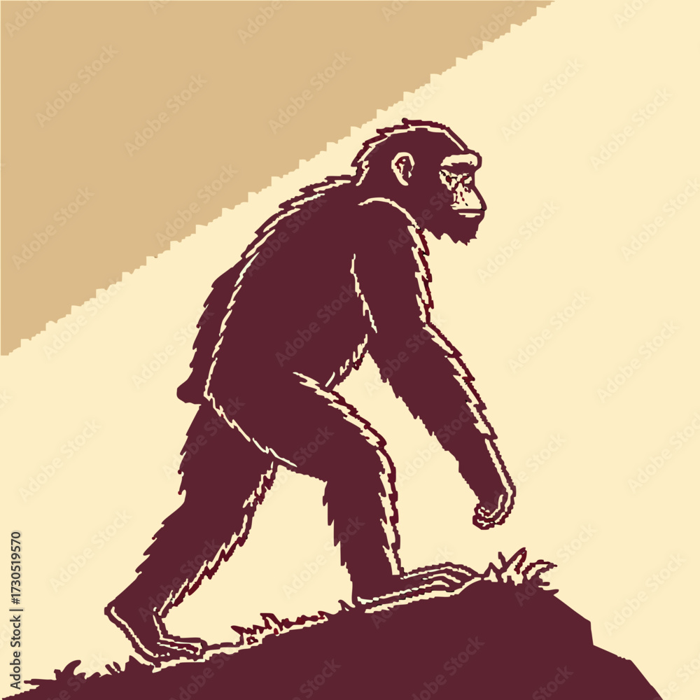 Fototapeta premium Early Hominid Walking Up Hill.