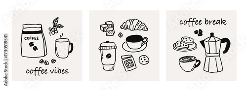 Set of whimsical card with coffee line art doodle sketch. Whimsy breakfast with coffee cup. Greeting card french brunch coquette vector outline illustration
