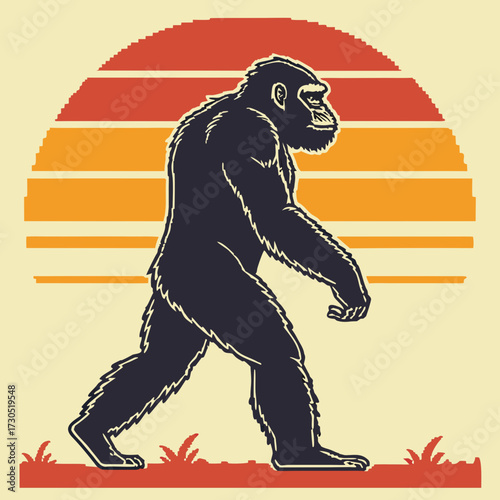 Silhouette of a Walking Gorilla Against a Retro Sunset Backdrop.