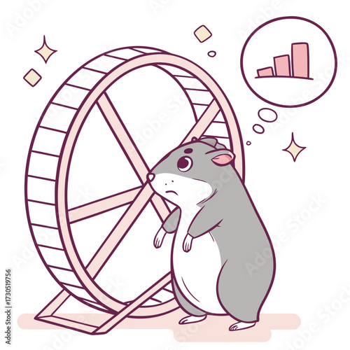 Sad hamster looking at a hamster wheel with a growth chart in thought bubble.