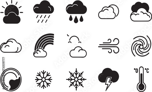 A comprehensive set of weather icons for various forecasts and conditions