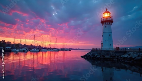 A majestic marina lighthouse stands tall, its beacon a guiding light against the twilight sky, reflecting on calm waters  The scene evokes tranquility and safety ,  pier,  tower,  ship