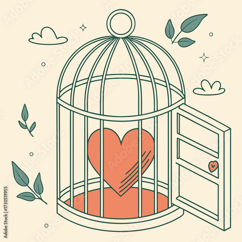 A heart trapped inside an open birdcage symbolizing freedom and love.