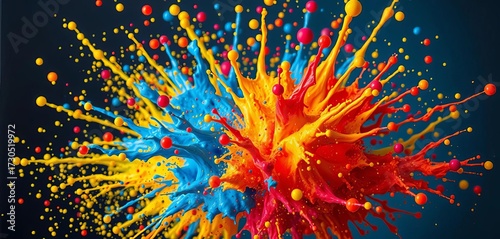 Vibrant paint splash exploding outwards, colorful droplets , gouache, splashing