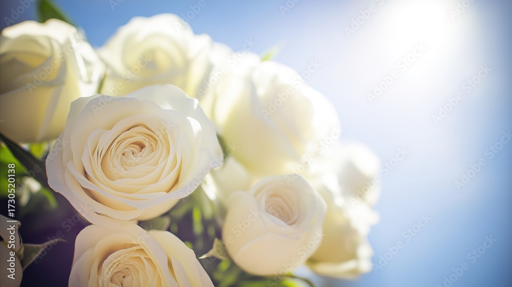 Fototapeta premium bouquet. Dreamy white rose bouquet softly focused against a blue sky, evoking serenity and natural beauty. gardening catalogs, home-decor guides, designed for home decor and floral branding.