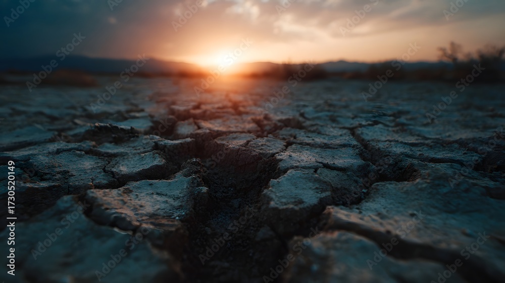 Obraz premium Cracked dry earth with a vivid sunset over a barren landscape symbolizing drought and environmental challenges