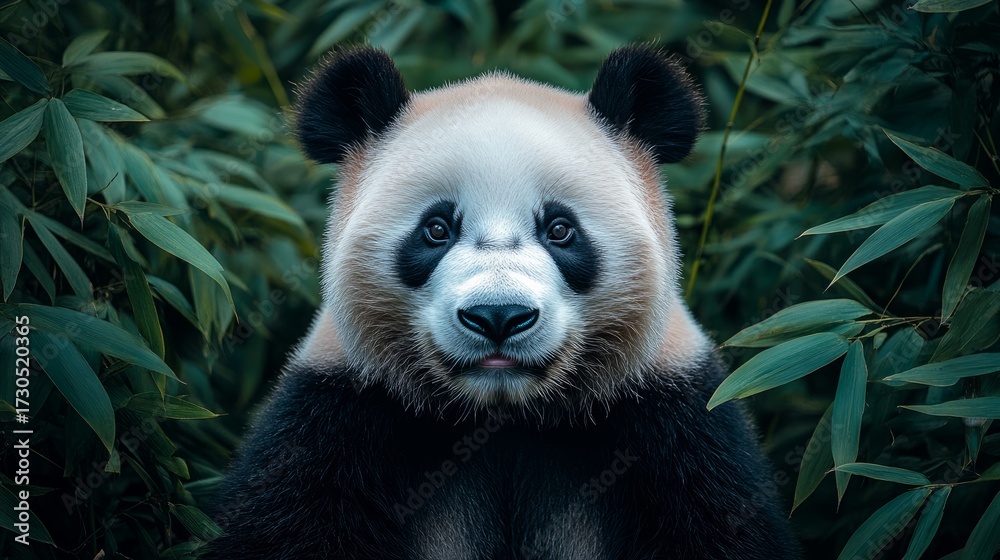 Obraz premium A calm panda sits among lush bamboo, exuding tranquility and innocence in a peaceful setting