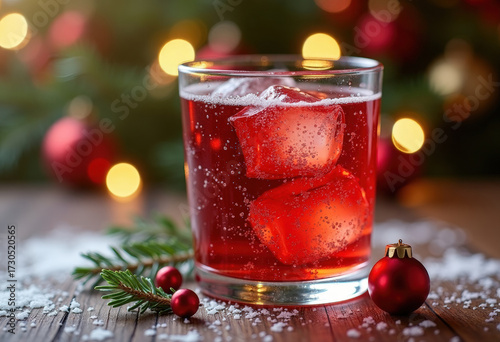 Cold Christmas cocktail with ice and holiday decoration, perfect for Christmas celebrations and seasonal gatherings.