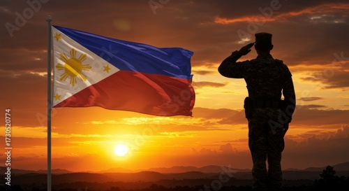 Soldier silhouette saluting at dramatic sunset, Philippines flag waving in the wind, patriotic holiday tribute, powerful symbolic scene