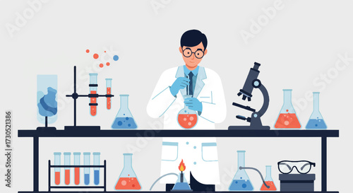 A flat 2D vector illustration features a scientist in a lab coat observing a vibrant chemical reaction in a beaker surrounded by essential laboratory equipment on a clean lab bench.